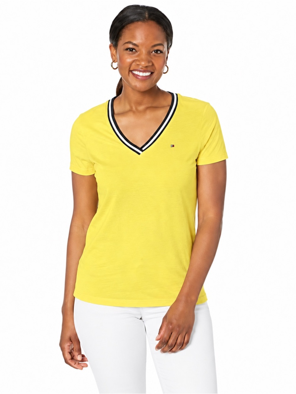 Tommy Hilfiger Yellow Striped V-Neck Flag Tee NWT Size L
